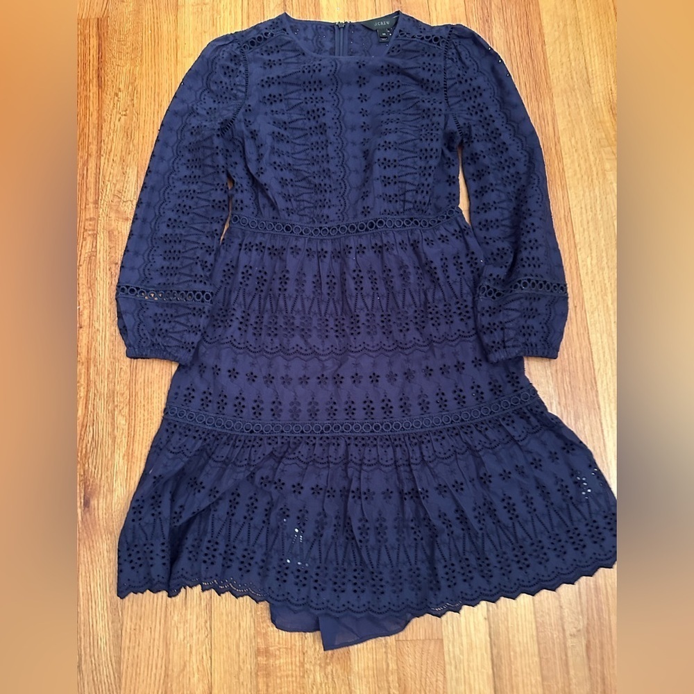 J. Crew Eyelet Women's Lace Flutter Dress 100% Cotton Sz 00Navy Blue c3
